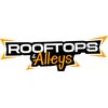 Logo przedstawia napis "ROOFTOPS & Alleys" w kolorze białym i pomarańczowym na czarnym tle z pomarańczowymi akcentami. Styl czcionki jest dynamiczny, a litery są otoczone pomarańczowymi trójkątnymi kształtami.