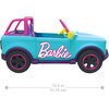 Zdalnie sterowany samochód w kolorze niebieskim z różowymi i fioletowymi akcentami, z napisem "Barbie" na boku. Pojazd ma otwartą kabinę, żółtą kierownicę i różowe elementy na kołach; poniżej widoczny jest napis "12.5 in 31.75 cm".