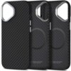 Czarno-srebrne etui TECH-PROTECT Quantum Carbon MagSafe do Apple iPhone 17 z widocznym wzorem włókna węglowego i okrągłym oznaczeniem MagSafe. Na dole etui znajduje się napis: "TECH PROTECT | DESIGNED BY FD".