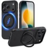 Na zdjęciu widoczne są trzy czarne etui na telefon z okrągłym uchwytem i wycięciami na aparat oraz przyciski. Na jednym z etui znajduje się niebieski symbol błyskawicy, a na dwóch widoczne jest logo "TECH-PROTECT".