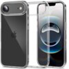 Przezroczyste etui TECH-PROTECT Flexair Hybrid do Apple iPhone 17 Air jest pokazane z przodu i z tyłu, z widocznym logo producenta na dolnej krawędzi. Na ekranie telefonu widoczny jest abstrakcyjny wzór z kolorowymi okręgami.