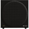 Czarny subwoofer z dużą, okrągłą maskownicą na przednim panelu, z widocznym logo "MONITOR AUDIO" w dolnym rogu. Obok logo znajduje się mała, żółta dioda sygnalizacyjna.