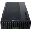 Czarny komputer stacjonarny z widocznym logo "HIRO" na przednim panelu, posiada siatkowany wierzch z podświetleniem RGB oraz panel z przyciskami i portami USB. Przednia część obudowy ma wzór plastra miodu z widocznym zielonym podświetleniem wewnątrz.