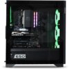 Czarny komputer stacjonarny z przezroczystym panelem bocznym, przez który widać podzespoły, takie jak karta graficzna z napisem "GEFORCE RTX" i "GIGABYTE", oraz podświetlane elementy. Na obudowie widoczne jest logo "AZZA" oraz oznaczenie "650W".