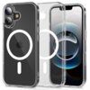 Przezroczyste etui na telefon z widocznym białym okręgiem i pionową linią, przeznaczone do modelu Apple iPhone 17, z logo TECH-PROTECT na dolnej części. Etui jest pokazane na tle telefonu z wyświetlaczem prezentującym abstrakcyjny wzór.