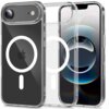 Przezroczyste etui TECH-PROTECT Flexair Hybrid MagSafe do Apple iPhone 17 Air, z widocznym białym okręgiem na tylnej części, prezentowane na tle telefonu. Na etui znajduje się napis "TECH-PROTECT".