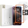 Opakowanie produktu z logo "TECH-PROTECT" zawiera napis "GLASS EASY SET+" oraz trzy przezroczyste szkła hartowane z pomarańczową ramką i osłoną na aparat. Obok znajduje się smartfon z wyświetlaczem pokazującym datę "Monday, September 9" i godzinę "9:41".