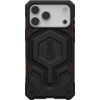 Czarne etui ochronne z wyraźnym, geometrycznym wzorem i teksturą, z widocznym logo "UAG" na środku. Etui posiada wycięcia na aparat i inne elementy telefonu, a także czerwone akcenty w rogach.