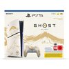 Opakowanie konsoli PlayStation 5 Slim z motywem gry "Ghost of Yōtei Gold Edition" przedstawia konsolę i kontroler z dekoracjami w stylu japońskim, z dominującymi kolorami białym i złotym. Na opakowaniu widoczne są napisy: "SONY", "PS5", "GHOST OF YŌTEI", 