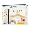 Pudełko konsoli PlayStation 5 Slim z grą "Ghost of Yōtei Gold Edition" przedstawia grafikę z motywem górskim w złotym kolorze oraz kontroler z podobnym wzorem. Na opakowaniu widnieją napisy: "SONY", "PS5", "GHOST OF YŌTEI", "LIMITED EDITION", "1 TB/T0", "