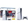 Na zdjęciu znajduje się opakowanie konsoli PlayStation 5 Slim z grą NBA 2K26 oraz sama konsola z kontrolerem. Na opakowaniu widoczny jest napis "PS5", logo "NBA 2K26" oraz oznaczenia dotyczące pojemności 1TB/1TB i HDR.