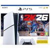 Opakowanie przedstawia konsolę PlayStation 5 Slim oraz grę NBA 2K26, z widocznym logo PlayStation i napisem "1 TB/T6, 4K 120, HDR". Na okładce gry znajduje się koszykarz w niebieskim stroju z piłką, a obok widnieje oznaczenie wiekowe "3" oraz logo NBA i 2