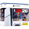 Pudełko zawiera grafikę konsoli PlayStation 5 Slim oraz grę NBA 2K26, z widocznym logo PS5 i napisem "1TB/T6". Na opakowaniu znajduje się także postać koszykarza w akcji oraz oznaczenia 4K, HDR i PEGI 3.