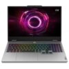 Laptop z otwartym ekranem, na którym widoczna jest grafika z różowymi i fioletowymi okręgami na czarnym tle oraz logo "Lenovo LOQ" w rogu. Klawiatura laptopa podświetlona jest w różnych kolorach tęczy.