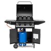 Grill gazowy z otwartą pokrywą, trzema pokrętłami i widocznym niebieskim zbiornikiem gazu w dolnej części, z otwartymi drzwiczkami. Na grillu widoczne są napisy: "SAN DIEGO", "ACTIVA" oraz oznaczenia certyfikatów.