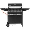 Czarny grill gazowy z czterema pokrętłami, termometrem na pokrywie i logo "ACTIVA" oraz napisem "SAN FRANCISCO" na bocznej półce. Grill posiada dolną szafkę z dwoma uchwytami i widocznym pomarańczowym wężem gazowym.
