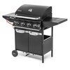 Czarny grill gazowy z czterema pokrętłami, termometrem na pokrywie i dwoma półkami bocznymi. Na grillu widoczne są napisy: "ACTIVA", "SAN FRANCISCO" oraz "CE Certified".