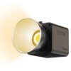 Kwadratowa lampa LED z widocznym reflektorem emituje ciepłe światło, na obudowie widnieje napis "100W" oraz "Ulanzi". Na górze obudowy znajduje się napis "Do not touch".