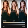 Trzy zdjęcia tej samej osoby w różnych temperaturach barwowych światła: 2700K, CCT i 6500K. Na dole widoczny jest pasek z gradientem od 1% do 100%.