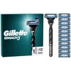 Na zdjęciu znajduje się opakowanie z napisem "Gillette Mach3" oraz czarna golarka z logo "Gillette" na rączce, obok której widocznych jest 12 wymiennych ostrzy. Na opakowaniu znajduje się również symbol golarki z oznaczeniem "1 + 12".