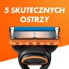 Na zdjęciu widoczna jest golarka z pięcioma ostrzami, z pomarańczowymi i czarnymi elementami, na tle w odcieniach pomarańczowego. Na górze zdjęcia znajduje się tekst: "5 SKUTECZNYCH OSTRZY".