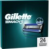 Na zdjęciu widoczny jest opakowanie wkładów do maszynki do golenia z napisem "Gillette Mach3" oraz ilustracją przedstawiającą wkład z trzema ostrzami. W dolnym rogu znajduje się liczba "24" oraz ikona symbolizująca wkłady.