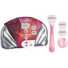 Zestaw do golenia składający się z różowej maszynki, trzech wymiennych ostrzy oraz różowego uchwytu, obok srebrnej kosmetyczki z napisem "Gillette Venus ComfortGlide Sugarberry Scented Miami". Na opakowaniu widoczne są ikony przedstawiające ilość elementó