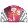 Opakowanie z maszynką do golenia i trzema wymiennymi wkładami, na tle różowych palm, z napisem "Gillette Venus ComfortGlide Sugarberry Scented Miami". Produkt znajduje się w srebrnej kosmetyczce.