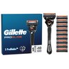 Na zdjęciu znajduje się opakowanie z napisem "Gillette ProGlide" oraz grafika przedstawiająca golarkę i symbol diamentu z tekstem "5 ProBlades™". Obok opakowania widoczna jest golarka oraz dziesięć wymiennych ostrzy ułożonych w rzędzie.