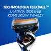 Zdjęcie przedstawia golarkę z widocznym napisem "Gillette" na uchwycie, na tle gradientu niebieskiego koloru. Na górze zdjęcia znajduje się tekst: "TECHNOLOGIA FLEXBALL™ UŁATWIA GOLENIE KONTURÓW TWARZY".