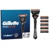 Pudełko z napisem "Gillette ProGlide" oraz grafiką diamentu i tekstem "5 ProBlades™" obok czarnej golarki z pomarańczowymi elementami i sześcioma wymiennymi ostrzami. Na opakowaniu widnieje także symbol golarki z oznaczeniem "1 + 6".