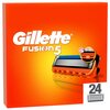 Pomarańczowe opakowanie z białym napisem "Gillette Fusion5" oraz obrazkiem wkładu do maszynki do golenia. W prawym dolnym rogu znajduje się liczba "24" z ikoną przedstawiającą wkład.
