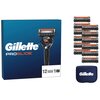 Na zdjęciu widoczny jest niebieski karton z napisem "Gillette ProGlide" oraz grafiką maszynki do golenia, obok znajduje się dwanaście wkładów do maszynki i etui z napisem "Gillette". W dolnej części kartonu widnieje oznaczenie "12 1".