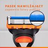 Na zdjęciu widoczna jest golarka z pomarańczowym uchwytem i niebieskim paskiem nawilżającym, z powiększeniem tego paska w okręgu. Na górze zdjęcia znajduje się tekst: "PASEK NAWILŻAJĄCY zapewnia łatwy poślizg".