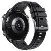 Czarny smartwatch z okrągłą tarczą i gumowym paskiem, na którym widnieje napis "HUAWEI". Na spodzie zegarka znajdują się napisy: "Model: MCH-AL00", "Huawei Device Co., Ltd.", oraz inne oznaczenia techniczne.