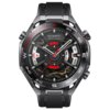 Czarny smartwatch z okrągłą tarczą, na której widoczne są wskazówki, cyfry oraz napisy: "HUAWEI WATCH Ultimate", "FRI 18", "BPM", a także liczby i symbole związane z funkcjami zegarka. Tło tarczy ma wzór przypominający marmur, a pasek zegarka jest wykonan