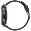 Czarny smartwatch z okrągłą tarczą i metalową obudową, widoczny z boku. Posiada dwa przyciski na krawędzi oraz czarny pasek z zapięciem.