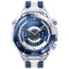 Srebrno-niebieski smartwatch z okrągłą tarczą, na której widoczne są wskazówki, cyfry oraz napisy: "HUAWEI WATCH Ultimate", "80%", "97 BPM", a także dni tygodnia i data. Pasek zegarka jest niebieski z białymi elementami.