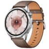 Brązowy smartwatch z okrągłą tarczą, na której widoczne są cyfry i oznaczenia takie jak "18.86 km" oraz "m89". Pasek zegarka jest wykonany z brązowego materiału z jasnymi przeszyciami.