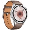 Brązowy smartwatch z okrągłą tarczą, na której widoczne są cyfry oraz oznaczenia takie jak "1886 km" i "68 W". Pasek zegarka jest wykonany z brązowego materiału z jasnymi przeszyciami.