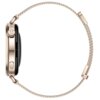 Złoty smartwatch z okrągłą kopertą i metalową bransoletą, widoczny z boku. Na kopercie znajduje się przycisk oraz pokrętło.