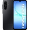 Czarny smartfon z trzema aparatami z tyłu i ekranem wyświetlającym napis "Galaxy A17 5G" na niebieskim tle. Na obudowie widoczne jest logo "SAMSUNG".