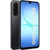 Czarny smartfon z trzema obiektywami aparatu na tylnej obudowie, wyświetlający na ekranie napis "Galaxy A17 5G" na tle niebieskich gradientów. Obudowa ma zaokrąglone krawędzie, a ekran posiada niewielkie wcięcie na kamerę przednią.