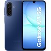 Niebieski smartfon z trzema aparatami z tyłu i ekranem wyświetlającym napis "Galaxy A17 5G". Na obudowie widoczne jest logo "SAMSUNG".