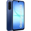 Niebieski smartfon z dużym ekranem, na którym widoczny jest napis "Galaxy A17 5G". Na tylnej obudowie znajdują się trzy obiektywy aparatu umieszczone pionowo.