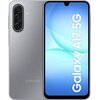 Na zdjęciu widoczny jest szary smartfon z trzema aparatami z tyłu oraz ekranem z napisem "Galaxy A17 5G". Na obudowie znajduje się logo "SAMSUNG".