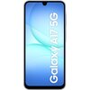Smartfon z wyświetlaczem w kolorze niebieskim, na którym widoczny jest napis "Galaxy A17 5G". Obudowa urządzenia jest w kolorze szarym.