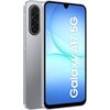 Na zdjęciu widoczny jest szary smartfon z trzema obiektywami aparatu z tyłu oraz ekranem wyświetlającym napis "Galaxy A17 5G" na niebieskim tle. Urządzenie ma nowoczesny design z zaokrąglonymi krawędziami.