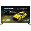 Na zdjęciu widoczny jest telewizor z wyświetlonym obrazem przedstawiającym dwa samochody wyścigowe na torze, z logo "BLAUPUNKT" i "Google TV" u góry. Na ekranie znajdują się napisy: "IRON LYNX MOTORSPORT LAB", "4K eARC", "Series UGB5500", oraz "43"".