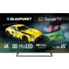 Na zdjęciu widoczny jest telewizor z logo "BLAUPUNKT" oraz "Google TV", a także żółty samochód wyścigowy z numerem 60 i napisami "IRON LYNX" oraz "GOODYEAR". Na ekranie znajdują się napisy: "4K", "QD-MiniLED", "Dolby VISION IQ", "Series MBG7000", "65"".